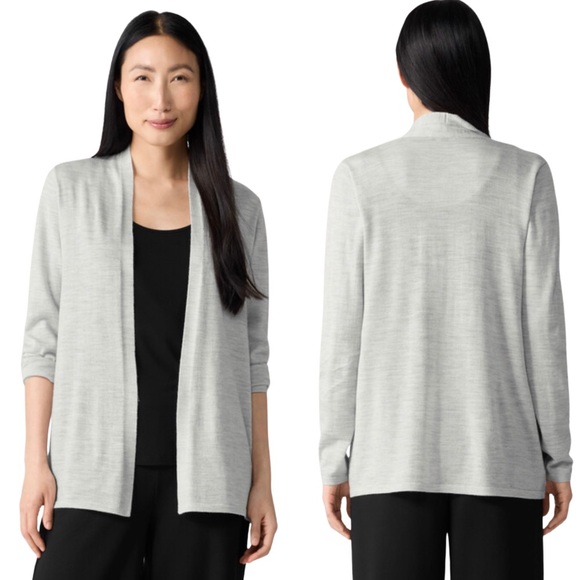 NWT Eileen Fisher 100%  Fine Merino Wool Long Cardigan Sea Salt Grey - Size M - Picture 3 of 8